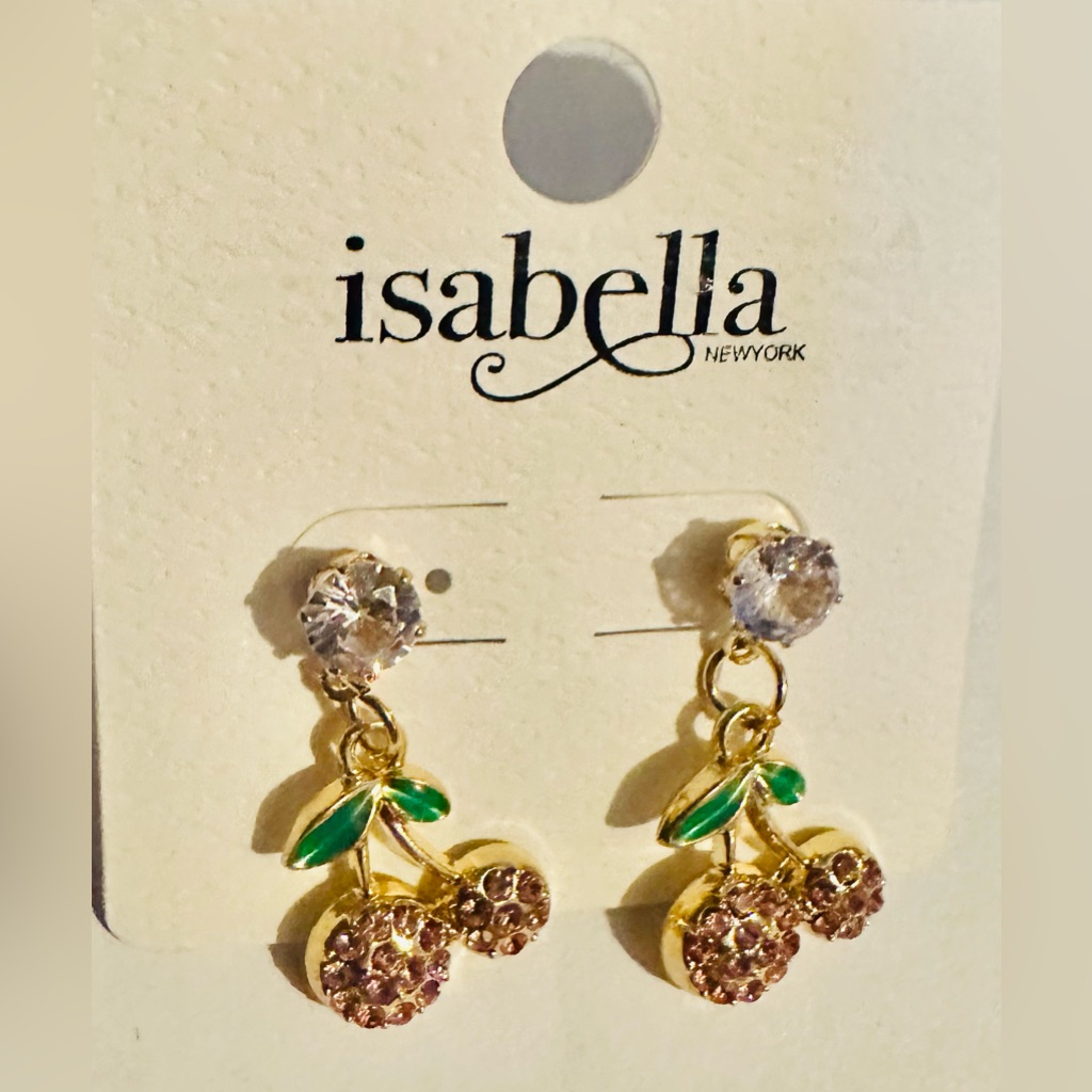 Gold Tone Pink Cherry Drop Earrings